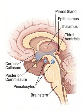 Anatomical illustration of the human brain's sagittal view highlighting the pineal gland