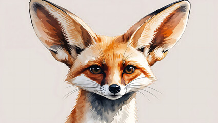 Fototapeta premium Fennec fox with large ears sitting alert showing cute small body looks unique charming and full of warm watercolor wildlife illustration generative AI