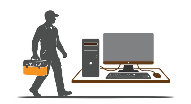 Computer technician silhouette with tools and desktop computer setup support repairman repair service monitor keyboard tower tool kit toolbox