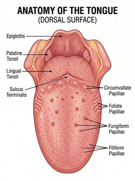 Anatomy of the tongue with labeled parts on dorsal surface