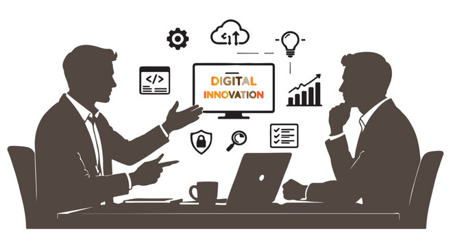Businessmen Silhouette With Digital Innovation Icons On White Background meeting discussion collaboration teamwork corporate office coding brackets gear icon