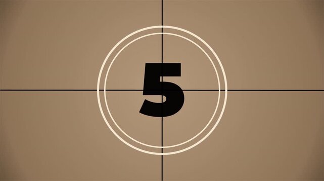 Classic 10 second vintage film countdown featuring sepia tones, film scratches, and circular movie leader graphics.