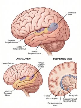 Detailed anatomy diagram of the Temporal Lobe in human brain structures