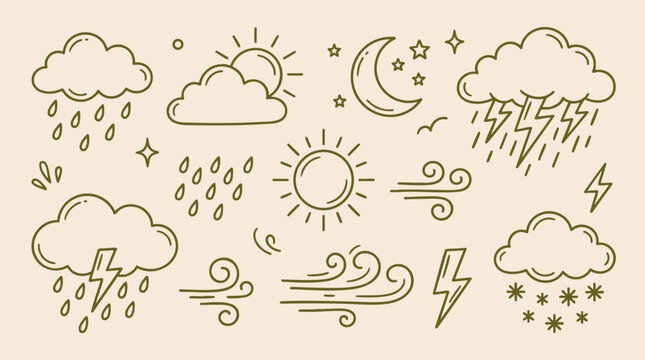 Weather elements line illustration with sun, clouds, and lightning symbols.