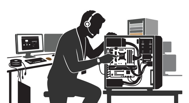 IT support specialist diagnosing computer hardware issue silhouette, monochrome vector artwork, modern corporate technology theme