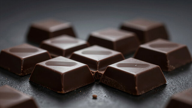 Dark chocolate squares gleam softly under subdued light. Each piece displays a smooth, rich surface with subtle indentations. Their edges are sharp and uniform, suggesting careful craftsmanship