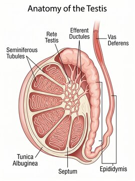 The anatomy of a testis is shown in a detailed cross-section illustration.