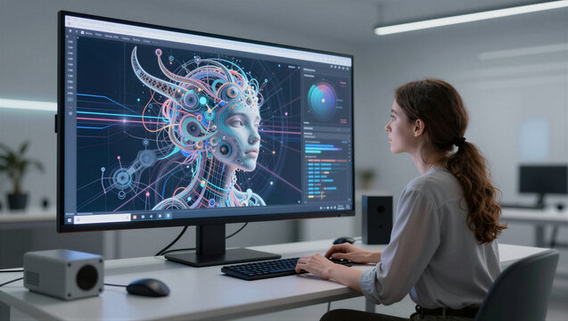 Woman focuses intently on neural design displayed on large monitor. She types carefully, surrounded by digital interfaces. Abstract brain patterns glow with vibrant, dynamic energy