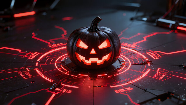 A black halloween pumpkin red eyes is on the black background with red technology light effect circle pattern around .