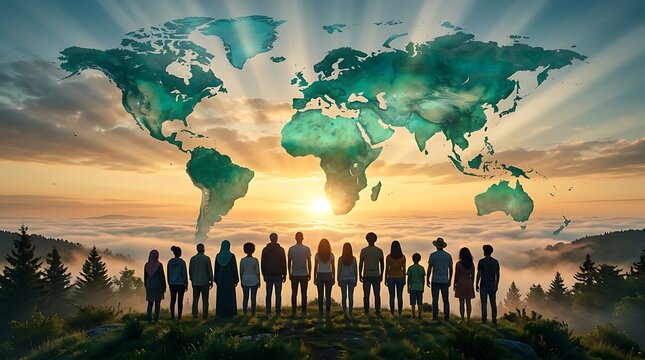 World population day illustration diverse group gazing at global map at sunset sustainability concept