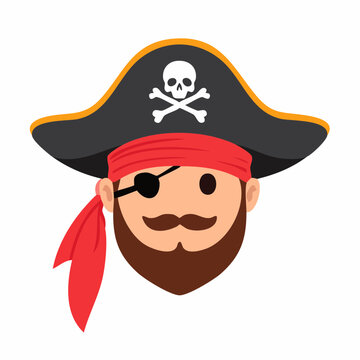Cartoon Pirate Head with Eyepatch and Jolly Roger Hat