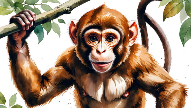 A Illustration of playful capuchin monkey hanging from branch looks active expressive and full of natural curious watercolor wildlife personality energy generative AI