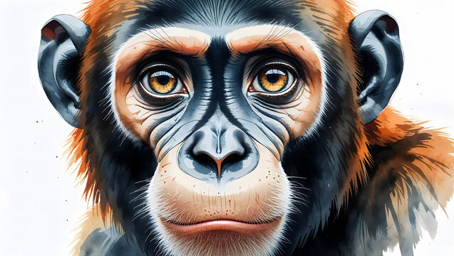 Primate with intelligent knowing gaze sitting thoughtfully showing aware conscious facial expressions looks personality deep and full of watercolor wildlife illustration generative AI