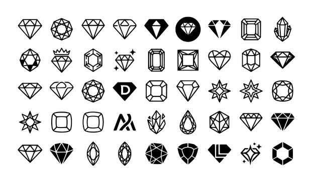 Collection of black and white diamond and gemstone line icons