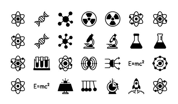 Science icons set atomic structure biology chemistry and physics concepts