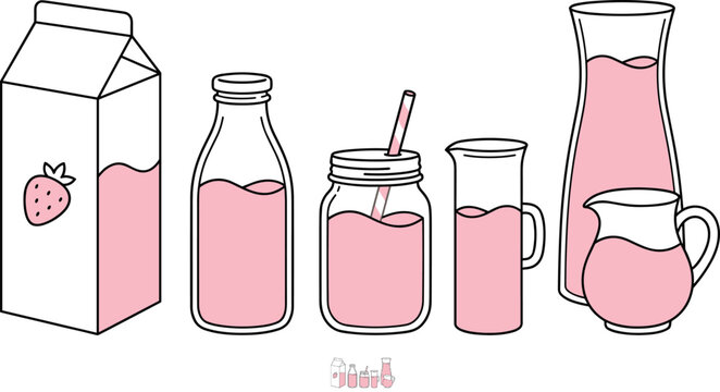 Strawberry milk and pink shake line art vector icon set with carton bottle jar jug pitcher isolated on white background