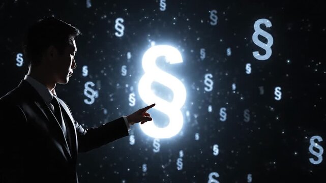 Man in a suit interacting with a large glowing white legal paragraph symbol in a dark abstract digital space