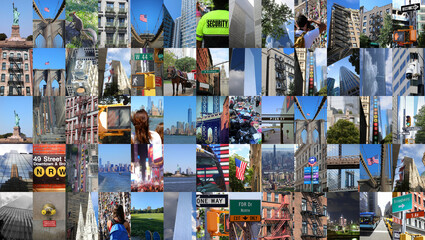 Obraz premium Collage of New York City landmarks and urban street life including Brooklyn Bridge Statue of Liberty and Manhattan skyscrapers