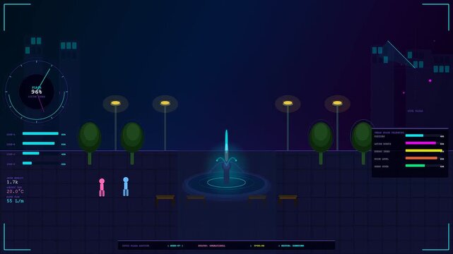 People gathered in shared urban spaces interacting near a glowing central fountain under a dark purple sky with various glowing data analytics readouts appearing nearby
