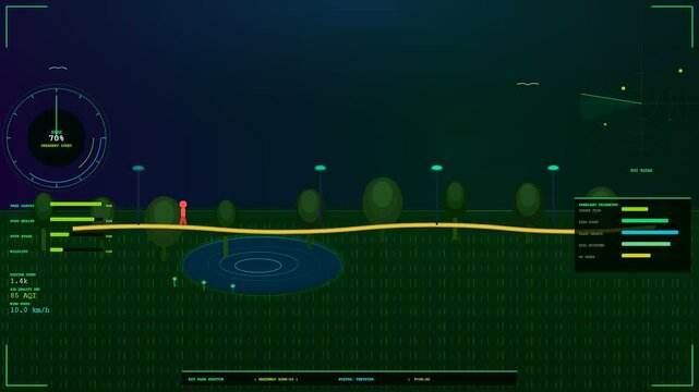 Digital displays showing shared urban spaces within a futuristic interface tracking environmental data and pedestrian movement patterns during a simulated observation of city life activities