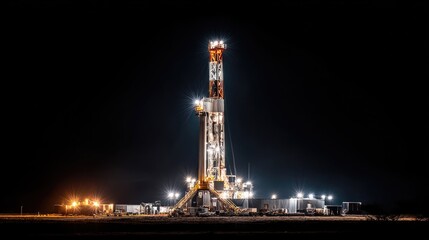 Obraz premium Nighttime Oil Rig with Illuminated Structure and Equipment Under Clear Sky in Remote Location