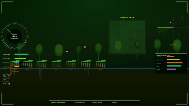 Digital displays showing shared urban spaces within a glowing interface featuring botanical metrics and graphical radar systems for monitoring growth patterns in indoor garden facilities