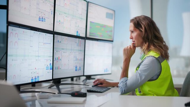 Woman Engineer Monitors Nuclear Energy Plant Control System