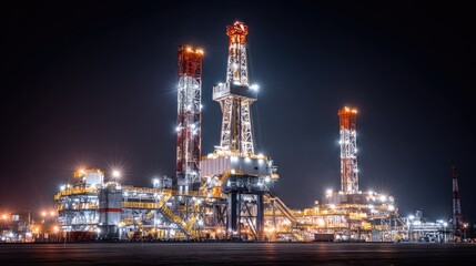 Obraz premium Brightly Lit Oil Rig at Night with Towering Drilling Structures and Complex Equipment on Offshore Platform