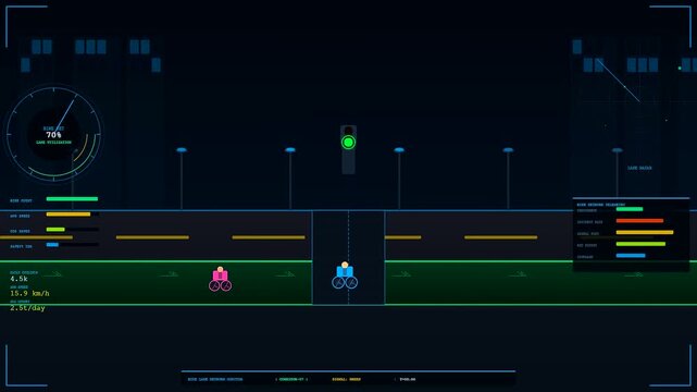 Digital displays showing shared urban spaces monitoring traffic statistics with glowing neon icons and data points over a dark street scene for modern city planning analysis