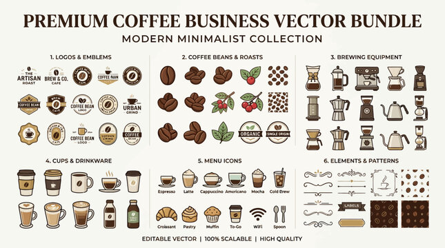 Vintage coffee icon set with beans cups and symbols illustration for restaurant menu design vector retro label web sign element art frame card