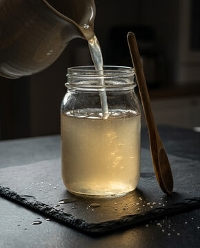 Artisanal brine pouring from a ceramic pitcher into an antique glass jar on a dark slate slab, emphasizing liquid refraction, internal caustics, and refined, atmospheric kitchen aesthetics.