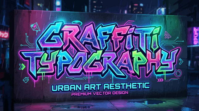 Neon graffiti wall with digital business and technology concept art featuring computer code, internet network, disco party vibes, music, web design and light illustration 2013