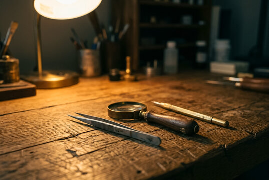 Atmospheric workspace detail featuring precision tweezers, a brass scriber, and a magnifying glass with a walnut handle on a scarred oak table. Practical lamp light creates a scholarly mood.