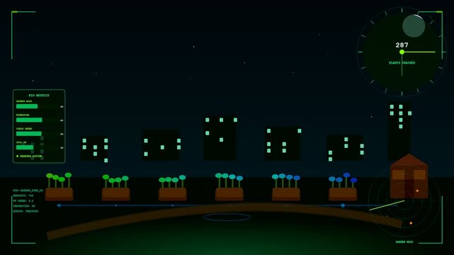 Digital displays featuring shared urban spaces shown through a futuristic interface tracking plant growth metrics across multiple green boxes in a dark simulated laboratory environment