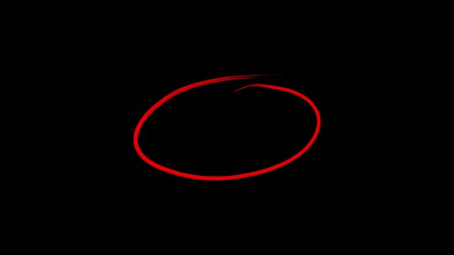 Animated red marker circle hand-drawn on black background motion graphic clip for highlight or selection.