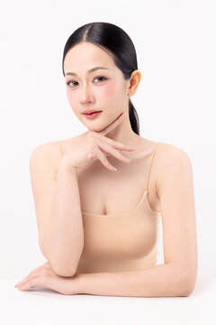Beautiful Asian woman with clean fresh skin and natural makeup, beauty and skincare concept for commercial advertising and content, isolated on white background.