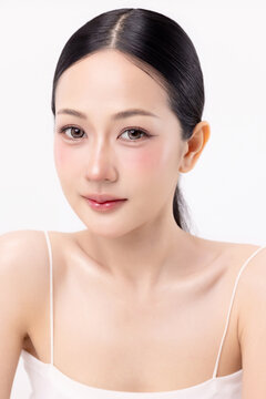 Beautiful Asian woman with clean fresh skin and natural makeup, beauty and skincare concept for commercial advertising and content, isolated on white background.
