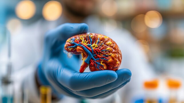 Detailed human brain model held in a scientist hand in laboratory setting