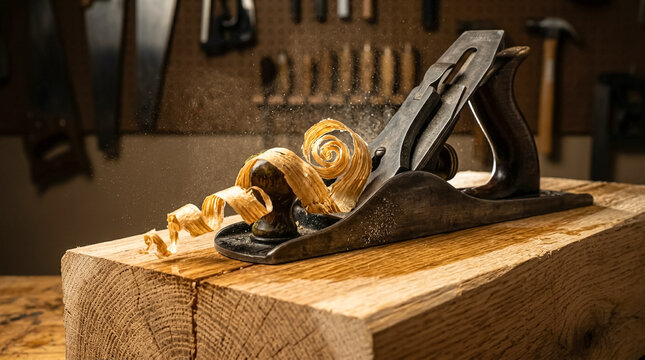 Kinetic action shot of a vintage bench plane slicing through oak. A continuous, translucent helix of golden wood shaving is frozen in mid-air amidst a mist of fine sawdust and workshop atmosphere.