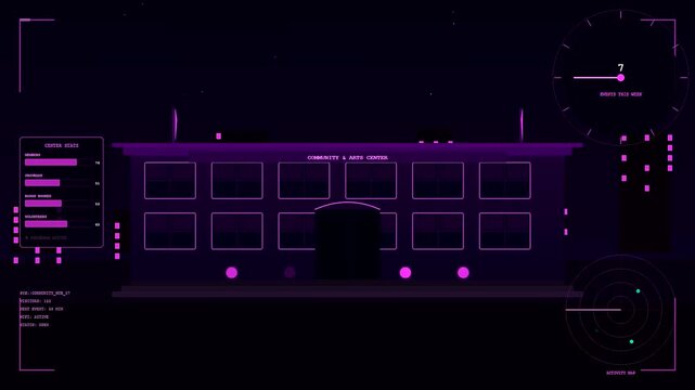 Digital displays showcasing shared urban spaces as animated infographics featuring building silhouettes with glowing pink lines and data dials set against a dark empty void