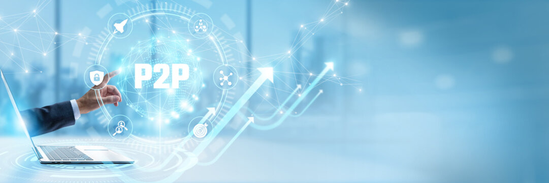 Businessman touching virtual interface with Peer-to-Peer (Network) and decentralized p2p networking. Direct file sharing node connectivity, distributed blockchain transaction ledger