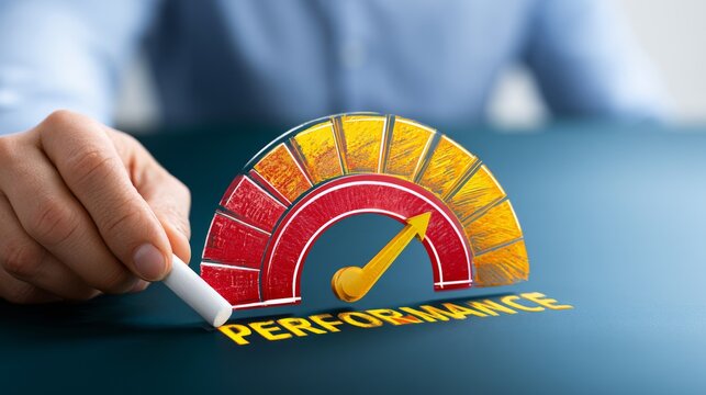 Businessman measuring performance progress with colorful gauge indicator