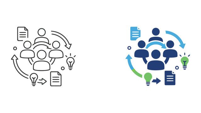 Team project management and document feedback loop icons for collaborative business workflows and iterative task processing in professional vector design