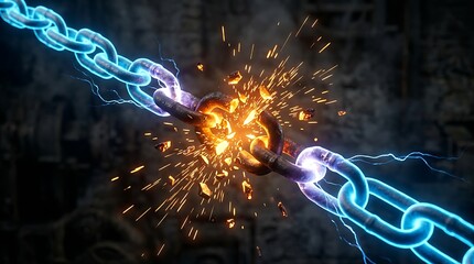 Obraz premium Severed metal chain links with intense electric blue arcs and flying orange sparks against a dark gritty industrial background environment