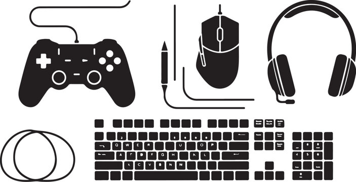 Gaming accessories, computer peripherals, vector icons, black and white, 6 items, gaming set