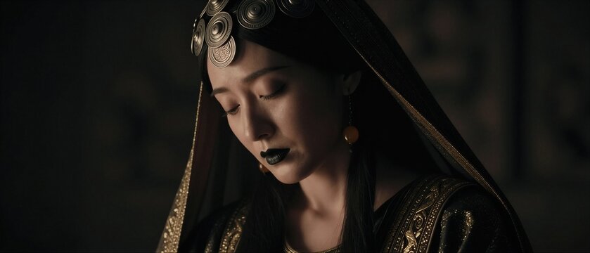A portrait of a regal woman with striking features and elaborate traditional attire.