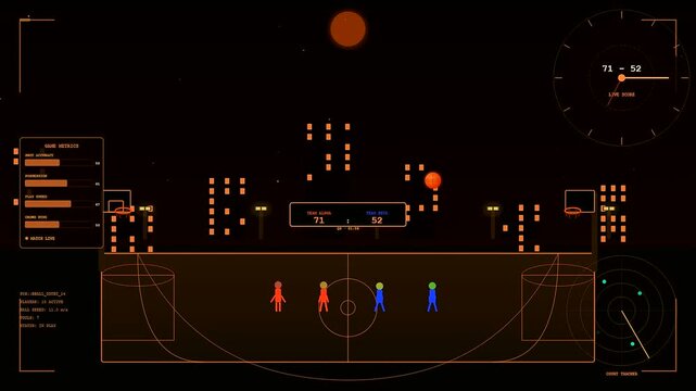 Players interacting in shared urban spaces through a stylized digital interface displaying team performance metrics and game time tracking across three consecutive screen frame sequences