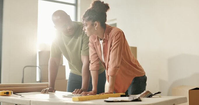 Couple, new home and blueprint for remodeling, planning or real estate discussion for upgrade. African man, woman and renovation document for house floor plan, architecture idea or property design