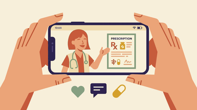 Hands holding smartphone showing female pharmacist explaining digital prescription on screen, perfect for telemedicine advertising, healthcare website banner and medical app marketing
