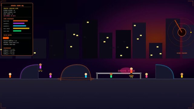 Digital skateboarders navigating shared urban spaces with interactive dashboard overlays in a stylized two dimensional city environment during a dark moody evening night time sequence